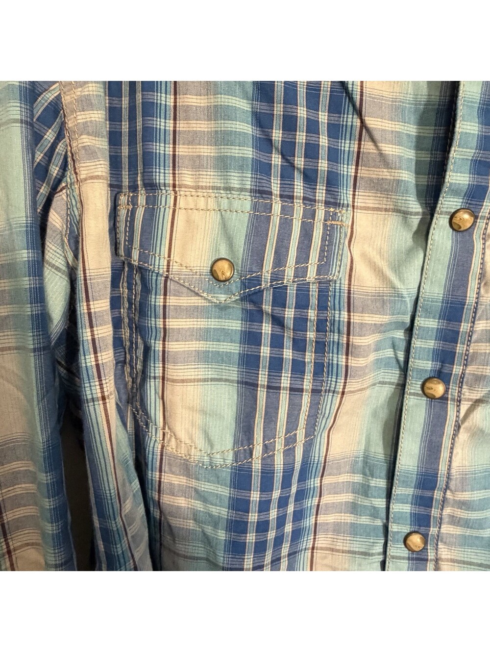 Wrangler Retro Men's L Blue Tan Plaid Woven Long Sleeve Button-Up Shirt - Picture 3 of 9